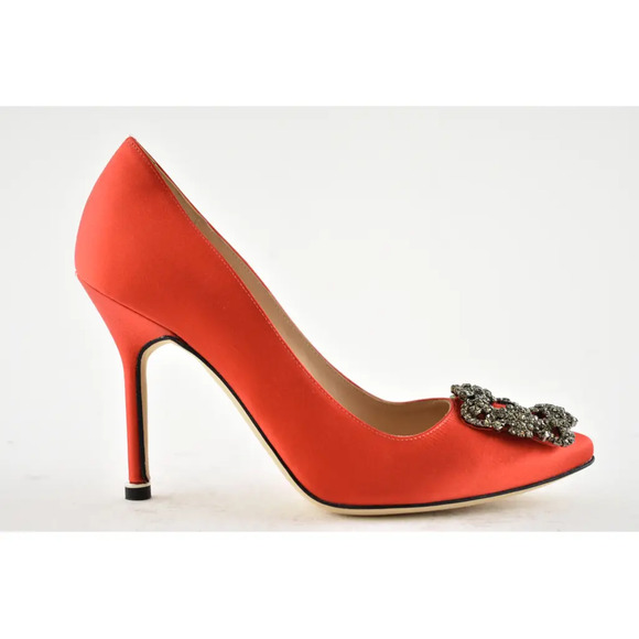 Manolo Blahnik Hangisi 105 Rosso Red Satin Crystal Jewel Buckle Heel Pump 36.5 - Picture 2 of 12